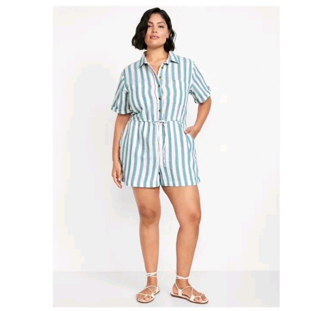 Old Navy XXL Linen Blend Striped Short‎ Sleeve Button Front Romper NWT